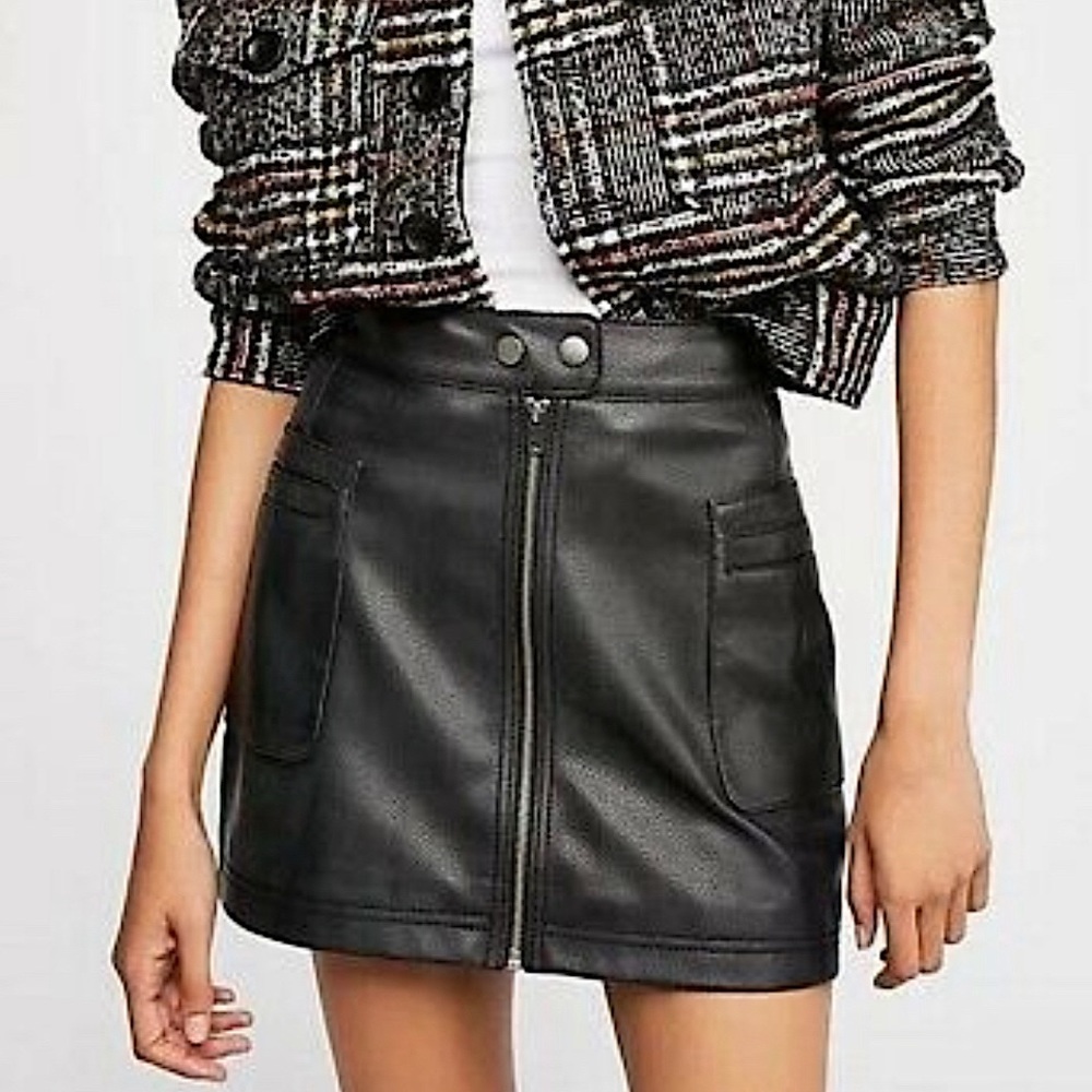 Free People Faux Leather High Rise Zip Front Skirt